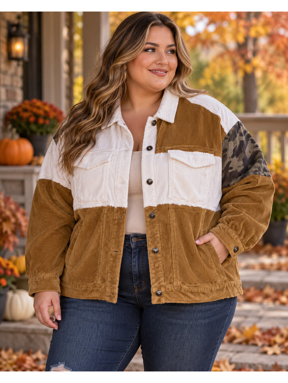 Cato Patchwork Corduroy Jacket Womens 22/24W Brown Camo Boho Utility